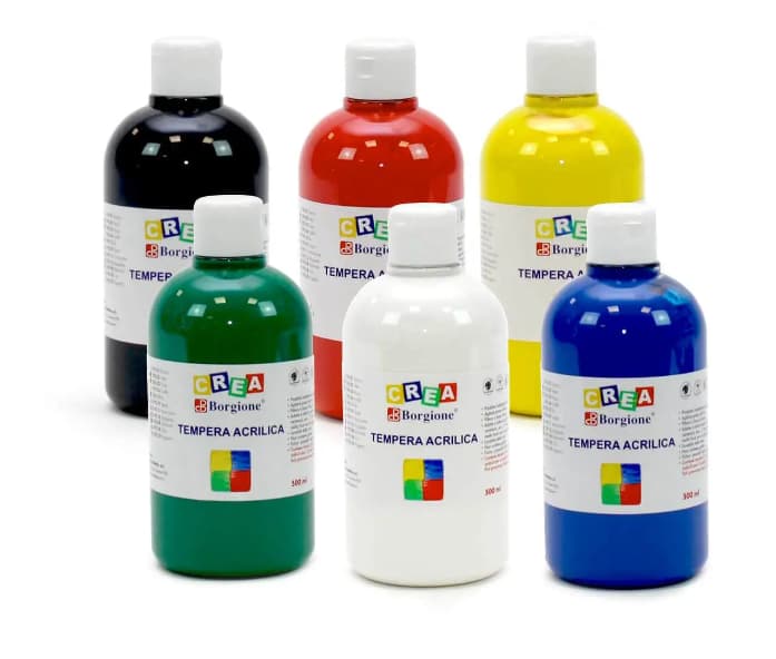 tempera acrilica. Colori blu, bianco, verde, giallo, rosso, nero