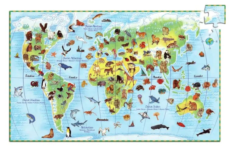 Puzzle degli animali nella cartina del mondo