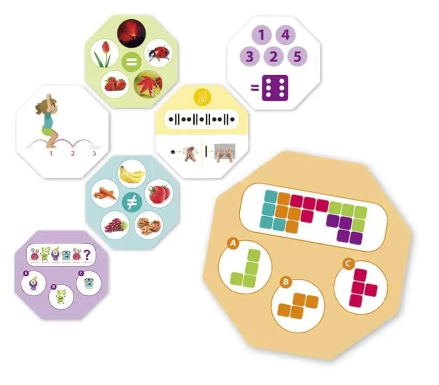 Questo gioco propone tante sfide divertenti per sviluppare i diversi tipi di intelligenza e conoscere i punti di forza di ciascun bambino. Howard Gardner sostiene che in ciascuno di noi esistono 8 tipi di intelligenze diverse, più o meno sviluppate: logico matematica, musicale, verbale e linguistica, scientifica, motoria, emotiva, visiva spaziale e interpersonale.