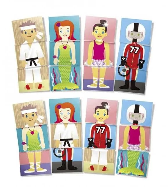 Mescola le tessere, distribuiscile e divertiti a creare innumerevoli personaggi, dai più classici ai più bizzarri. Ogni personaggio è composto da 3 tessere (testa, corpo e gambe) così, combinando i singoli pezzi fra loro, si possono ottenere soggetti sempre diversi. I bambini avranno modo di allenare la fantasia e di aumentare il bagaglio lessicale, conoscendo nuovi mestieri, sport e relativi accessori. Per avere suggerimenti di attività educative da svolgere con Mix Max dei Personaggi è possibile vedere il video tutorial.