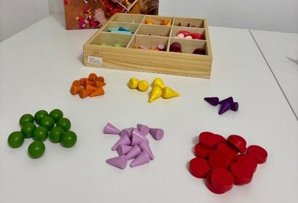 Attività di categorizzazione con Sort N’ Design: elementi colorati in legno raggruppati per forma e colore