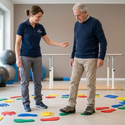 Fisioterapista guida anziano in percorso con manine e piedini sensoriali per la prevenzione delle cadute — immagine generata con intelligenza artificiale