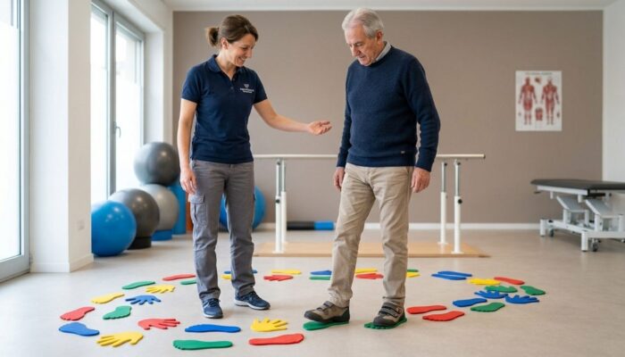 Esercizi per la prevenzione delle cadute negli anziani: percorsi con manine e piedini sensoriali