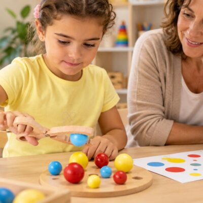 Bambino usa un gioco educativo con pinza e sfere colorate per allenare la memoria di lavoro visuo-spaziale