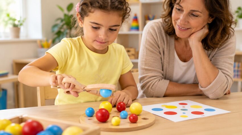 Bambino usa un gioco educativo con pinza e sfere colorate per allenare la memoria di lavoro visuo-spaziale