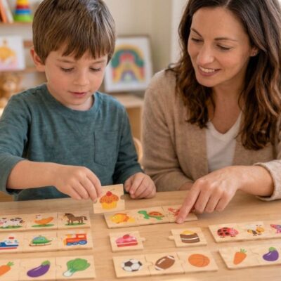 Bambino gioca con tessere illustrate di legno sul tavolo per esercizi semantico-lessicali e metafonologici