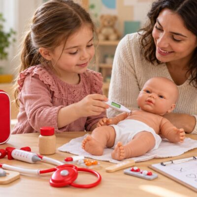 Educatrice e bambina giocano al dottore con una bambola e un kit medico giocattolo per prepararsi alla visita
