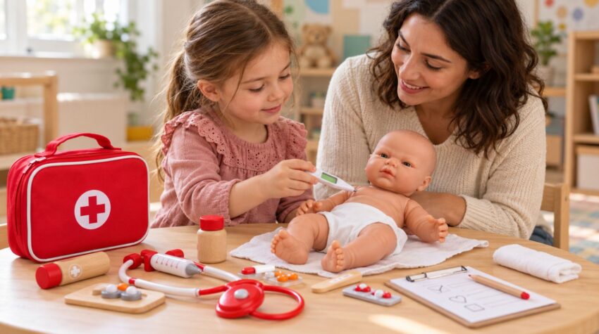 Educatrice e bambina giocano al dottore con una bambola e un kit medico giocattolo per prepararsi alla visita